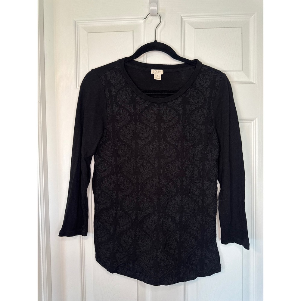 J.Crew Womens Black Embroidered Damask Long Sleeve Cotton Top A8737 Small